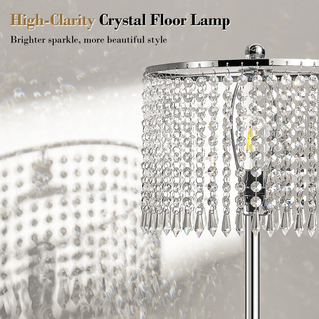 Yemela-Dimmable Crystal Floor Lamps, 1000LM LED Bulb Included, Standing Lamp with Knob Switch, Tall Silver Modern Floor Lamp