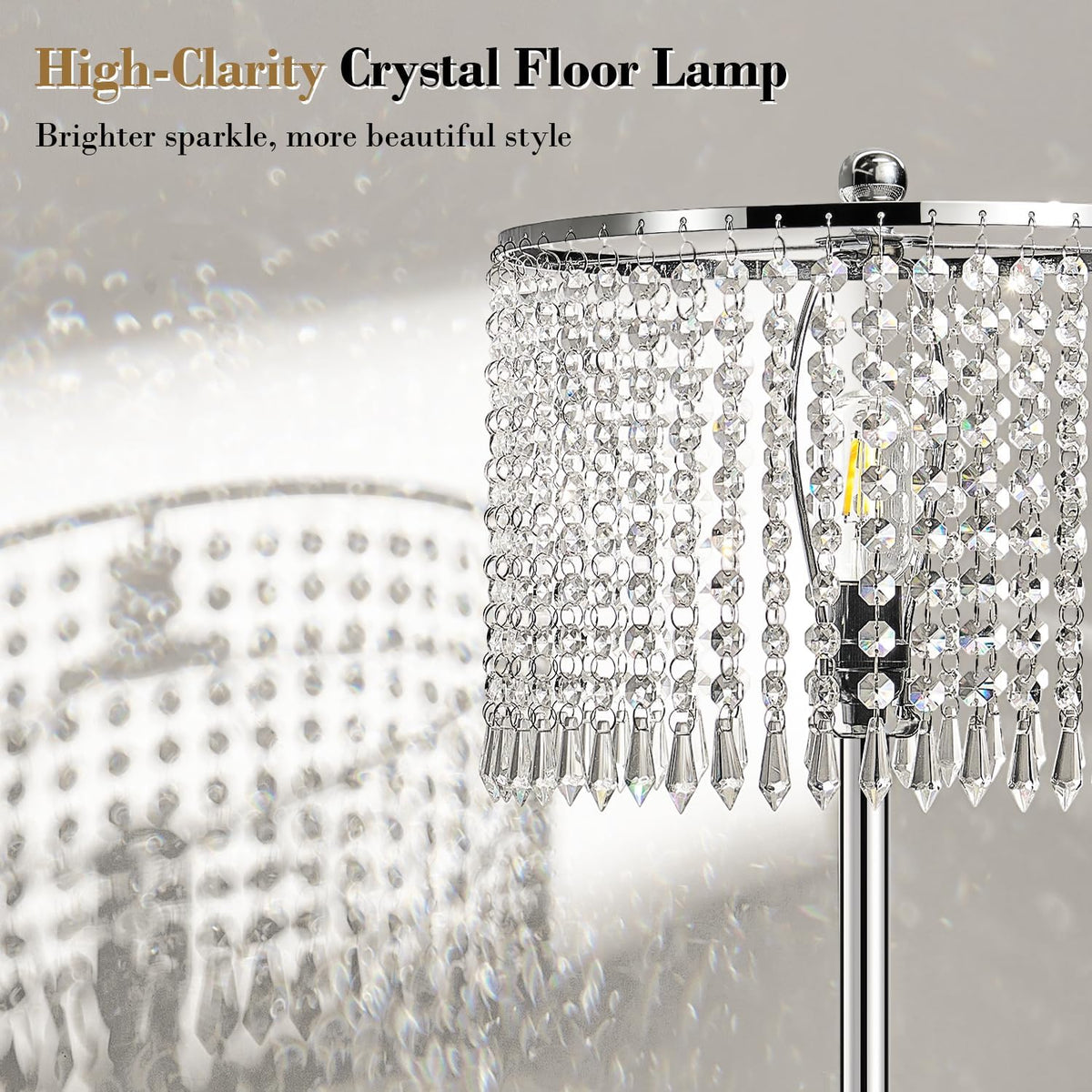 Yemela-Dimmable Crystal Floor Lamps, 1000LM LED Bulb Included, Standing Lamp with Knob Switch, Tall Silver Modern Floor Lamp